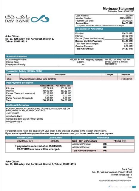 Download Iran Bank Day mortgage statement Word and PDF template Photoshop template